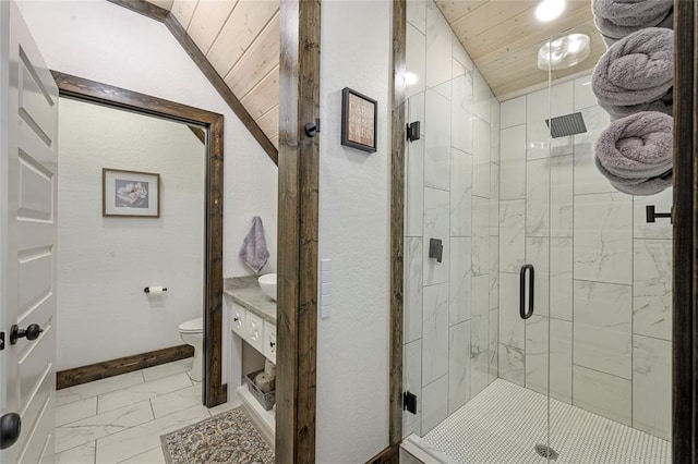 bathroom with toilet, vaulted ceiling, a shower with door, and wood ceiling