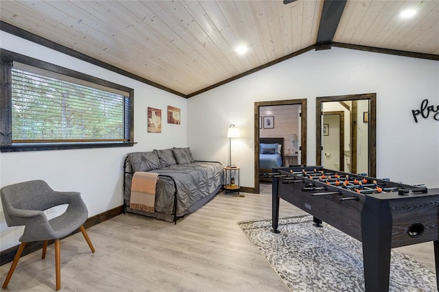 playroom featuring vaulted ceiling with beams, wooden ceiling, and light wood-type flooring