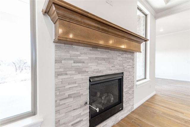 details featuring wood-type flooring and ornamental molding