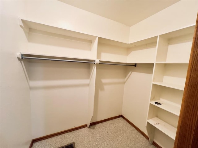 walk in closet with light colored carpet