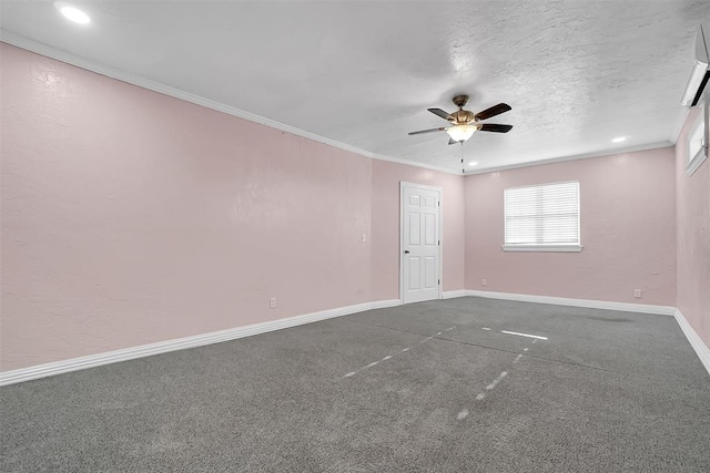 unfurnished room featuring ceiling fan, ornamental molding, and carpet floors