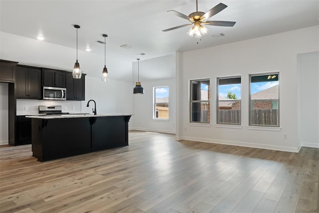 kitchen with electric range, light hardwood / wood-style flooring, a wealth of natural light, and a kitchen island with sink