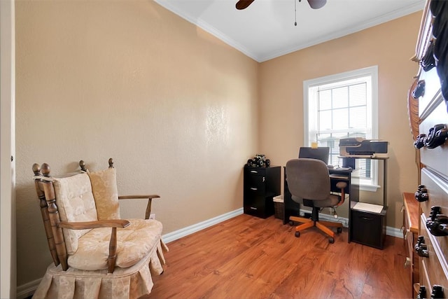 office with ceiling fan, crown molding, and light hardwood / wood-style flooring