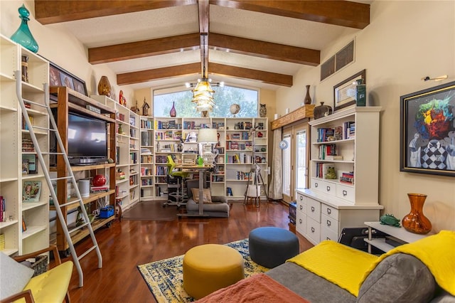 home office with a chandelier, dark hardwood / wood-style flooring, and lofted ceiling with beams