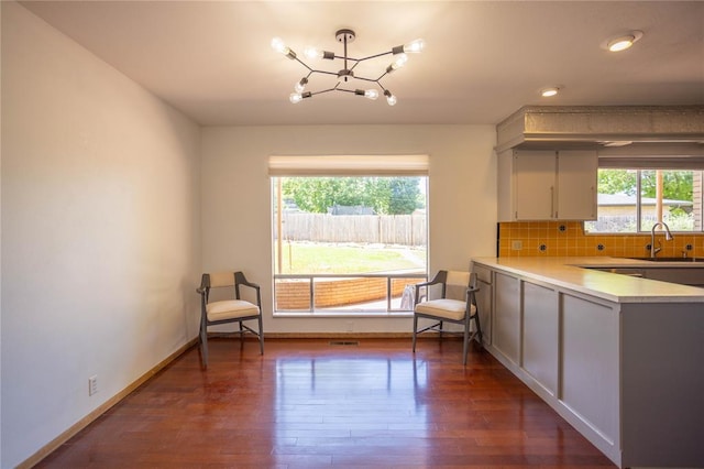 kitchen with plenty of natural light, sink, dark wood-type flooring, and a chandelier