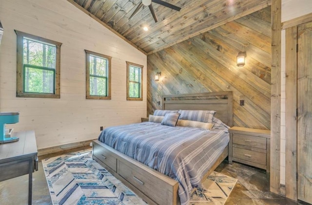 bedroom featuring wooden ceiling, ceiling fan, lofted ceiling, and wood walls