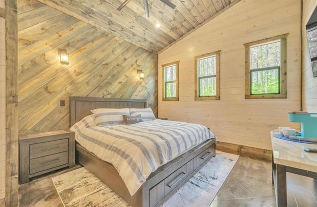 bedroom with lofted ceiling, wooden walls, and wooden ceiling