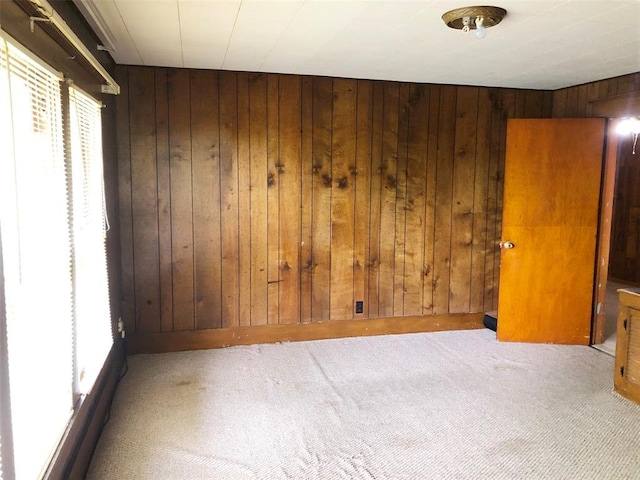 unfurnished room with wood walls and carpet flooring