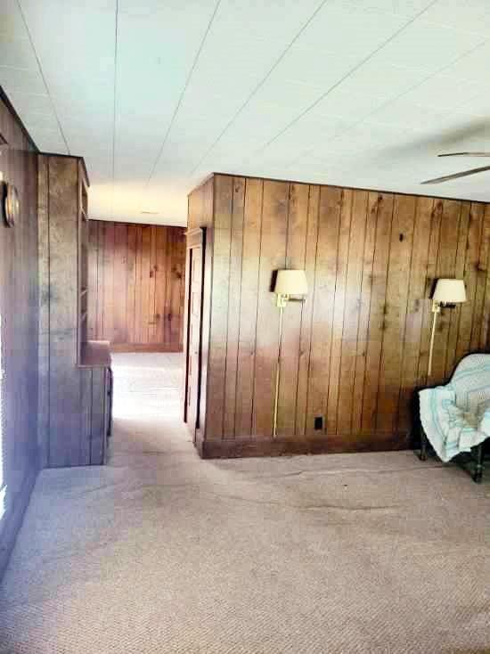 hallway featuring wood walls and light carpet