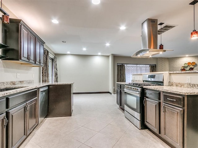 kitchen featuring dark brown cabinets, stainless steel appliances, pendant lighting, and island range hood