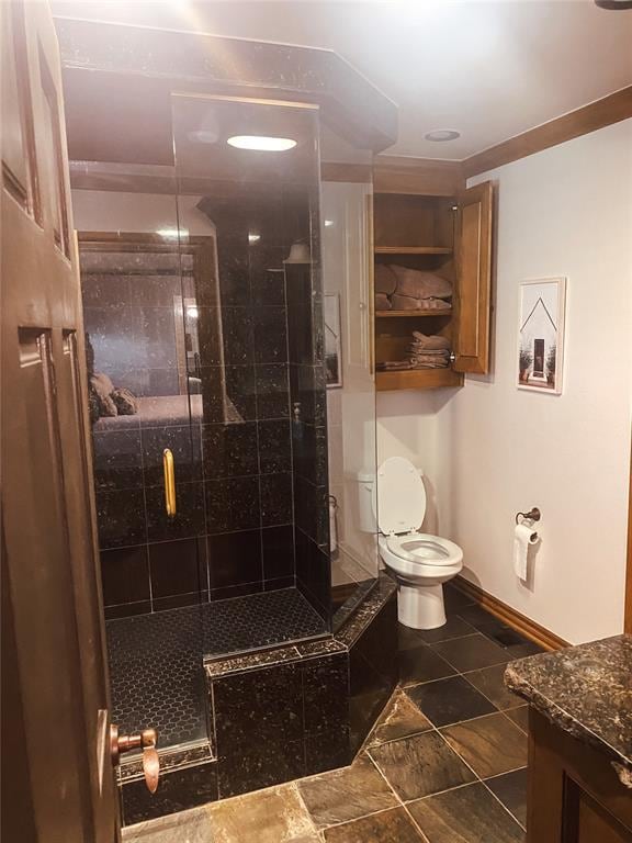 bathroom with vanity, toilet, and a shower with shower door