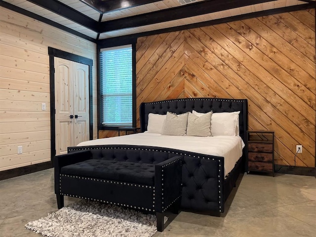 bedroom with wooden walls, beamed ceiling, and wooden ceiling