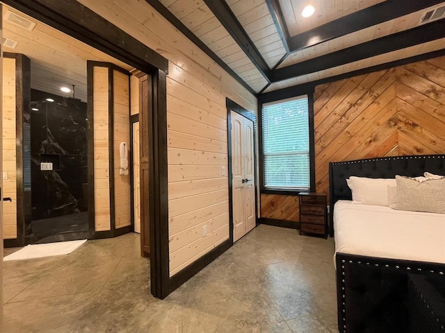 unfurnished bedroom with vaulted ceiling with beams, wood walls, concrete flooring, and wooden ceiling