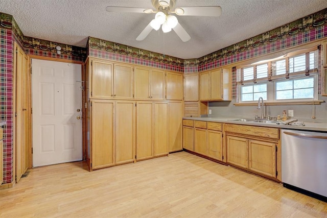 kitchen with sink, dishwasher, ceiling fan, and light wood-type flooring