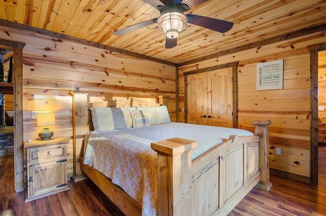 bedroom featuring ceiling fan, wood walls, dark hardwood / wood-style flooring, and wooden ceiling