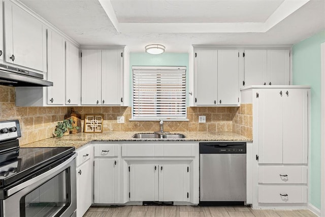 kitchen with ventilation hood, sink, white cabinetry, and stainless steel appliances