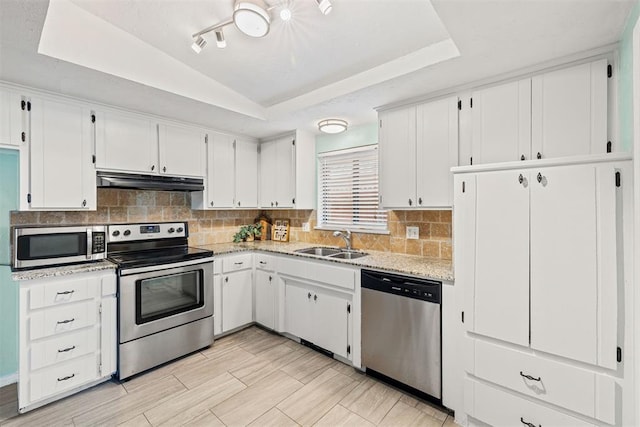 kitchen featuring stainless steel appliances, vaulted ceiling, a tray ceiling, sink, and white cabinets