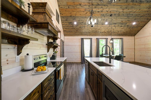 kitchen with wood walls, lofted ceiling, sink, hanging light fixtures, and stainless steel appliances