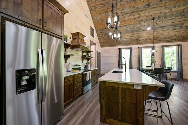 kitchen with dark hardwood / wood-style flooring, an island with sink, pendant lighting, wooden walls, and appliances with stainless steel finishes