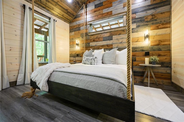 bedroom featuring wood walls, wooden ceiling, and dark wood-type flooring