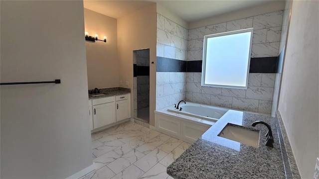 200 Braxton Way, Yukon, OK 73099 - full bathroom with vanity, a jetted tub, marble finish floors, and a shower stall