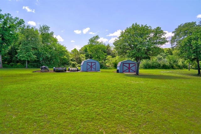 view of yard featuring a storage shed