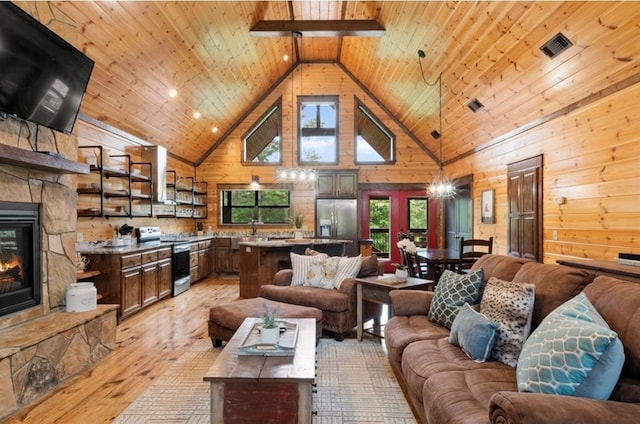 living room featuring wood ceiling, wooden walls, high vaulted ceiling, light hardwood / wood-style floors, and a stone fireplace