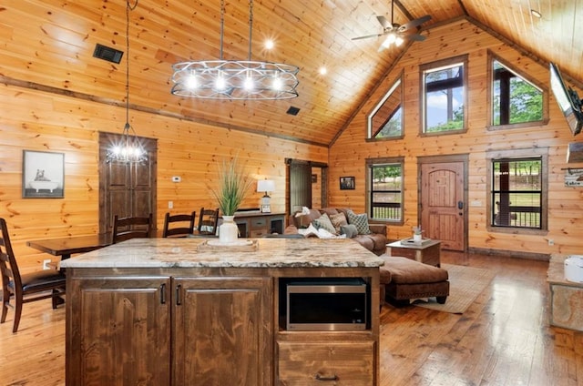 kitchen featuring decorative light fixtures, a kitchen island with sink, wooden walls, and wood ceiling