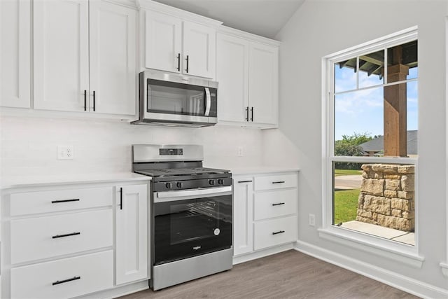 kitchen featuring decorative backsplash, stainless steel appliances, white cabinetry, and a healthy amount of sunlight