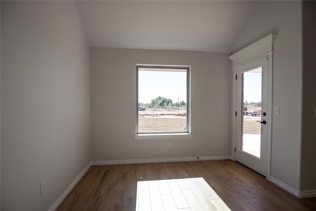 empty room featuring lofted ceiling and dark wood-type flooring