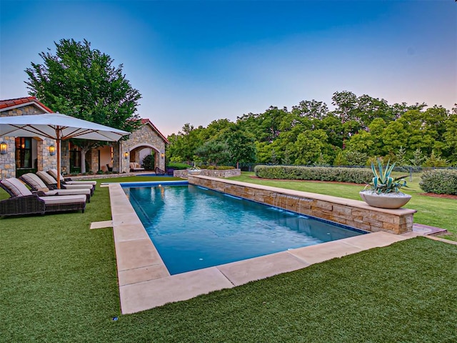 view of swimming pool with a yard