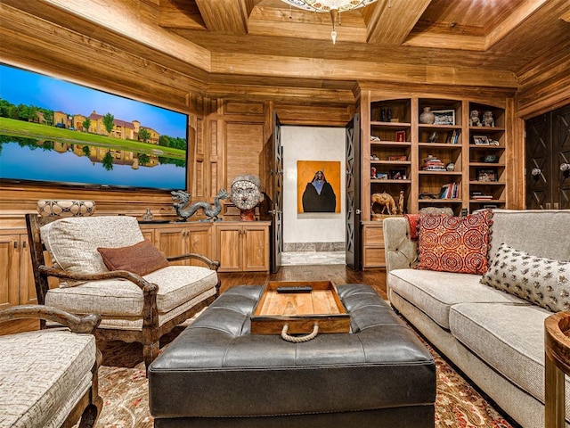 interior space featuring coffered ceiling, wooden walls, beam ceiling, wooden ceiling, and hardwood / wood-style floors