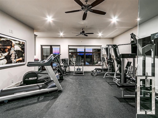 workout area with ceiling fan