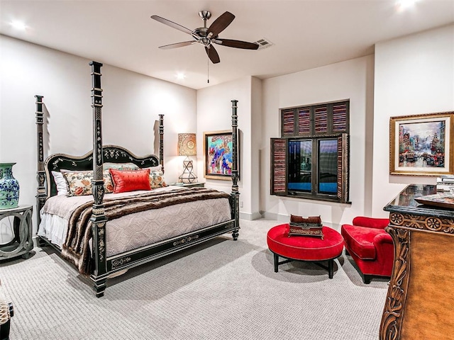 carpeted bedroom with ceiling fan