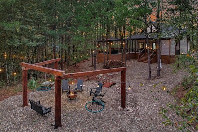 view of play area featuring a fire pit