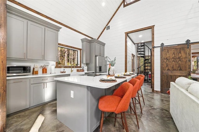 kitchen featuring a wealth of natural light, a barn door, stainless steel appliances, and high vaulted ceiling