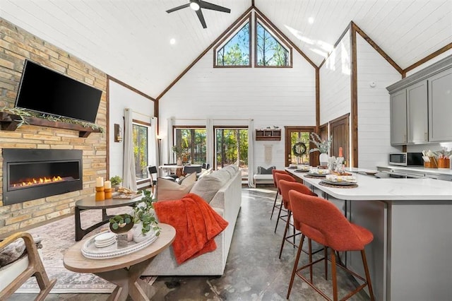 living room with high vaulted ceiling, ceiling fan, a healthy amount of sunlight, and a stone fireplace