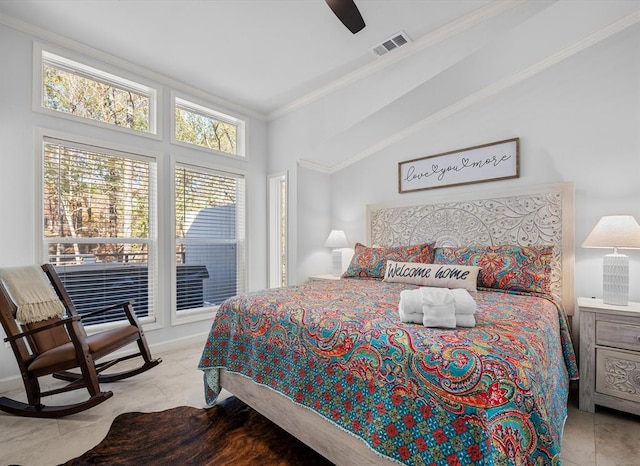 bedroom featuring ceiling fan, light tile patterned flooring, lofted ceiling, and crown molding