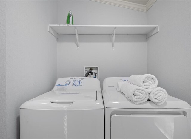 laundry area featuring washer and dryer and crown molding