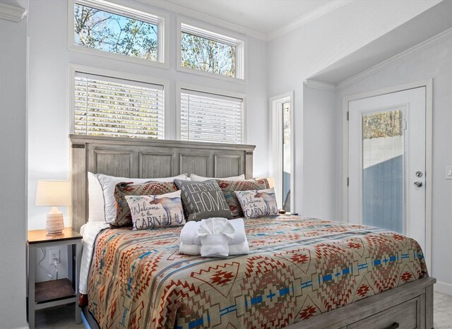 bedroom with multiple windows, access to exterior, and ornamental molding