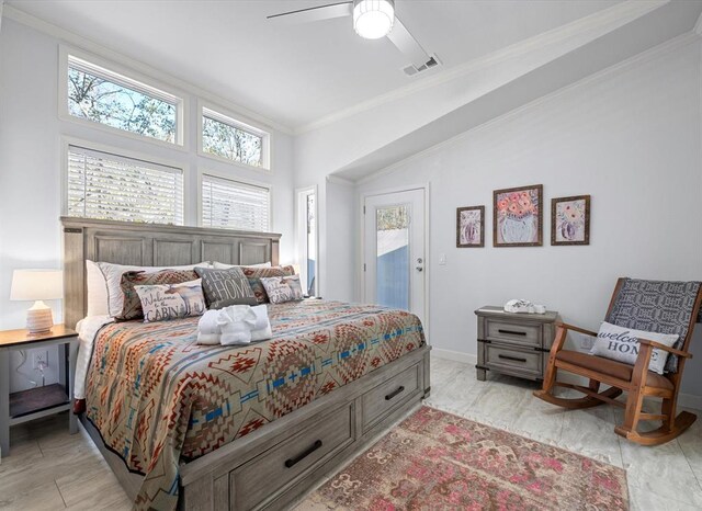 bedroom with ceiling fan, access to exterior, and crown molding