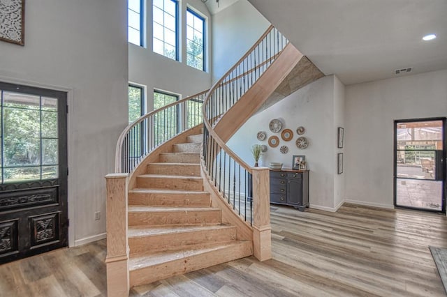 foyer entrance featuring a towering ceiling and wood-type flooring