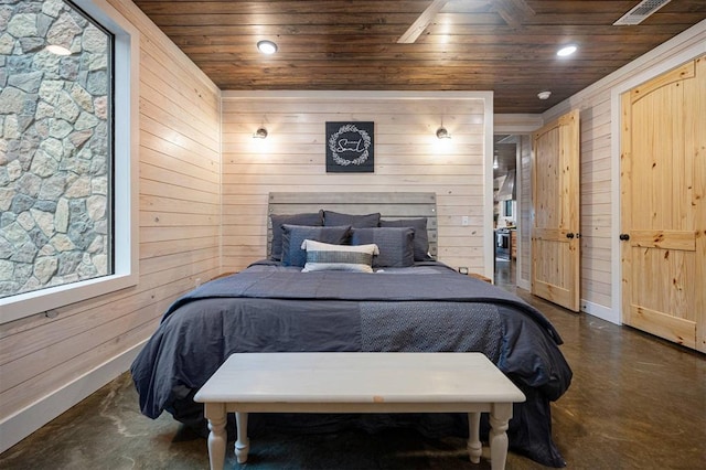 bedroom featuring wooden walls, ceiling fan, and wood ceiling