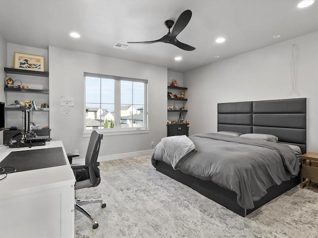 carpeted bedroom featuring ceiling fan