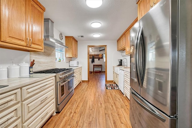 kitchen with wall chimney exhaust hood, a textured ceiling, stainless steel appliances, sink, and light hardwood / wood-style flooring