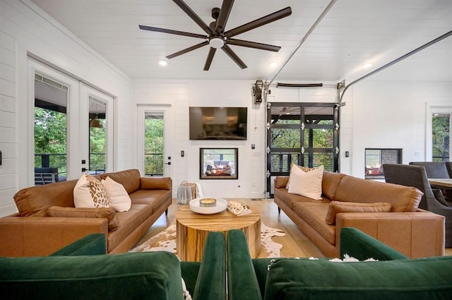 45 Pecan Trace Trl, Broken Bow, OK 74728 - living room featuring french doors, hardwood / wood-style floors, and ceiling fan