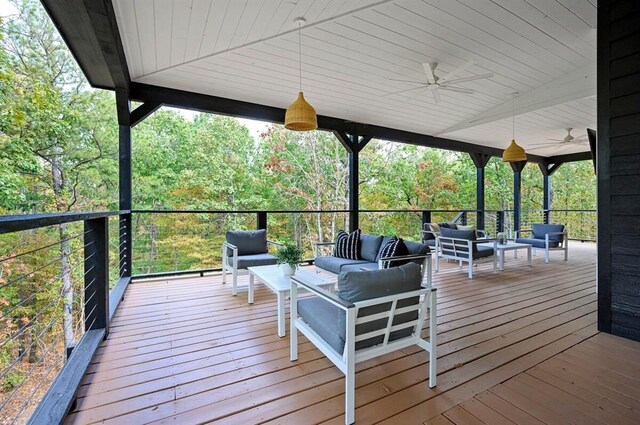 45 Pecan Trace Trl, Broken Bow, OK 74728 - wooden terrace featuring outdoor lounge area and ceiling fan