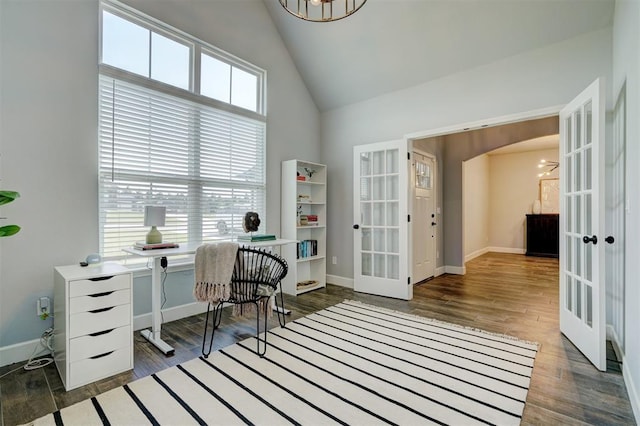 office with french doors, dark wood-type flooring, and plenty of natural light