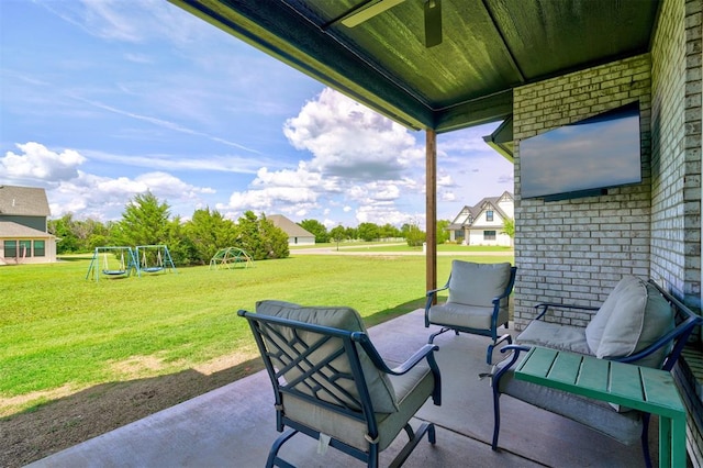 view of patio / terrace featuring a playground and an outdoor hangout area