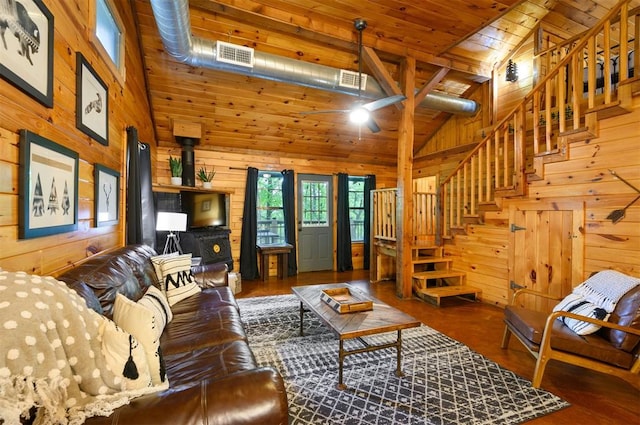 living room featuring wooden walls, high vaulted ceiling, wood ceiling, and dark hardwood / wood-style floors